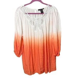 Ashley Stewart White Orange Ombre Crochet Neckline Blouse Plus Size 18/20